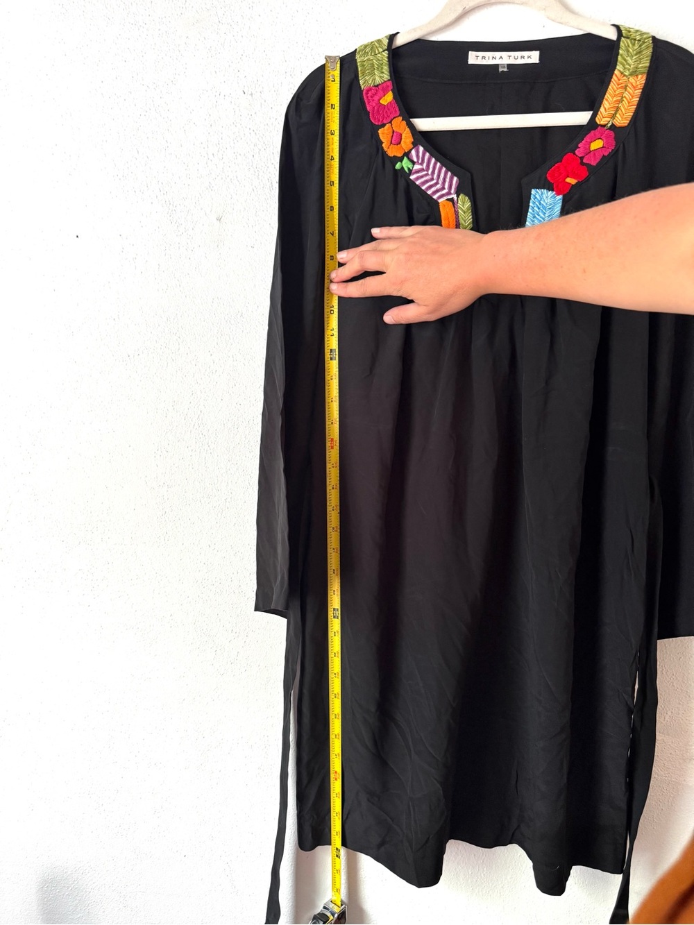 Trina Turk Black Embroidered Tie-Waist Tunic Dress with Colorful Floral Neckline - Picture 10 of 13